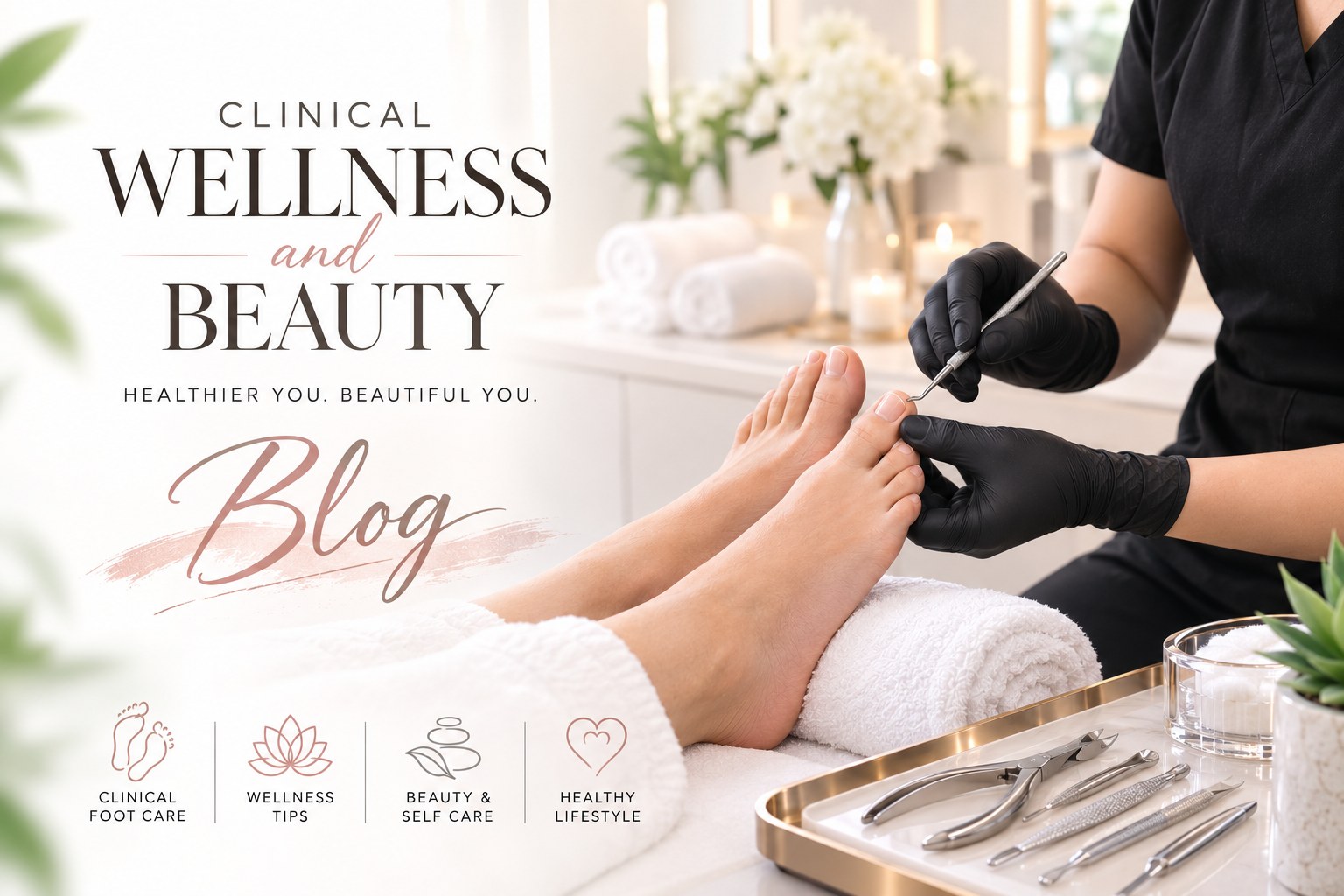 Clinical Wellness and Beauty Blog — a Clinical Foot Care Assistant in gloves providing routine foot care, with topics for foot and nail care, wellness tips, beauty and self care, and healthy lifestyle