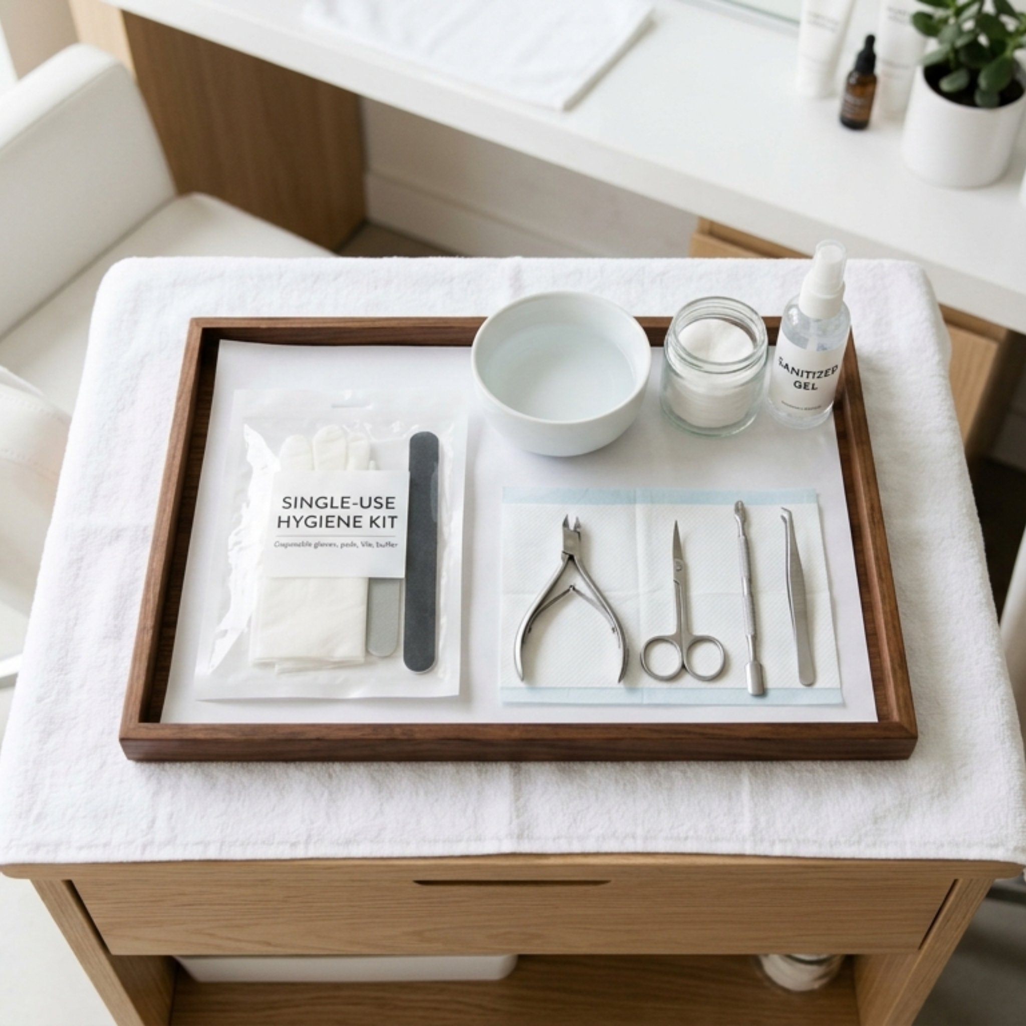 Clean workspace with a single-use kit on the tray